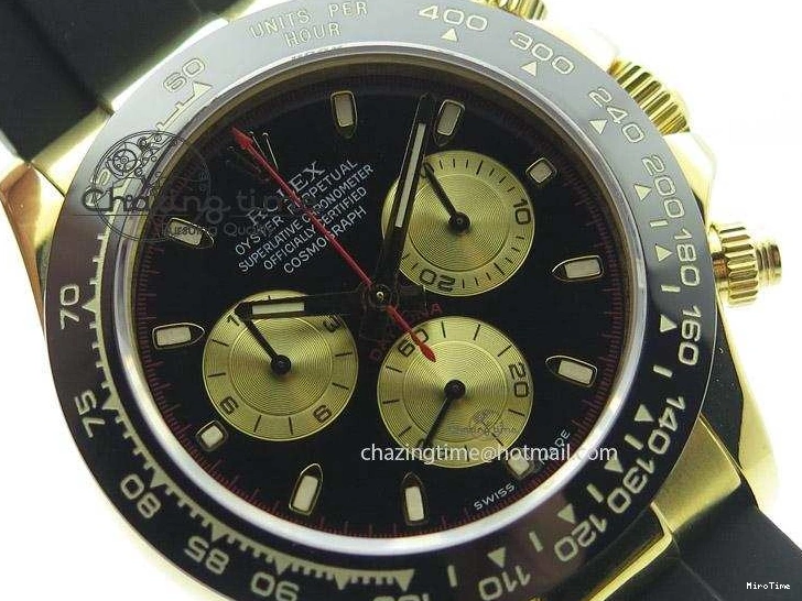 MiroTime 0512 TopPick Daytona YG BP Maker Black Dial Gold Subdial Sticks Markers On Rubber Strap A7750@ 4013